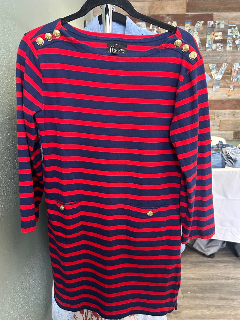 J. Crew Navy and Red Striped Knit Shift Dress with Gold Buttons